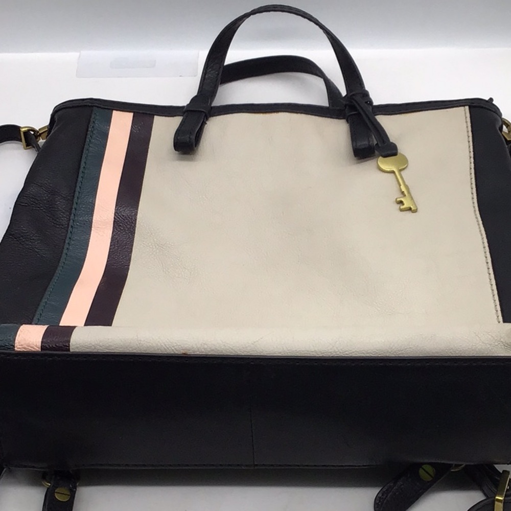 Fossil Multi-Color Stripe Black Beige Pebble Leather Backpack - Picture 13 of 13